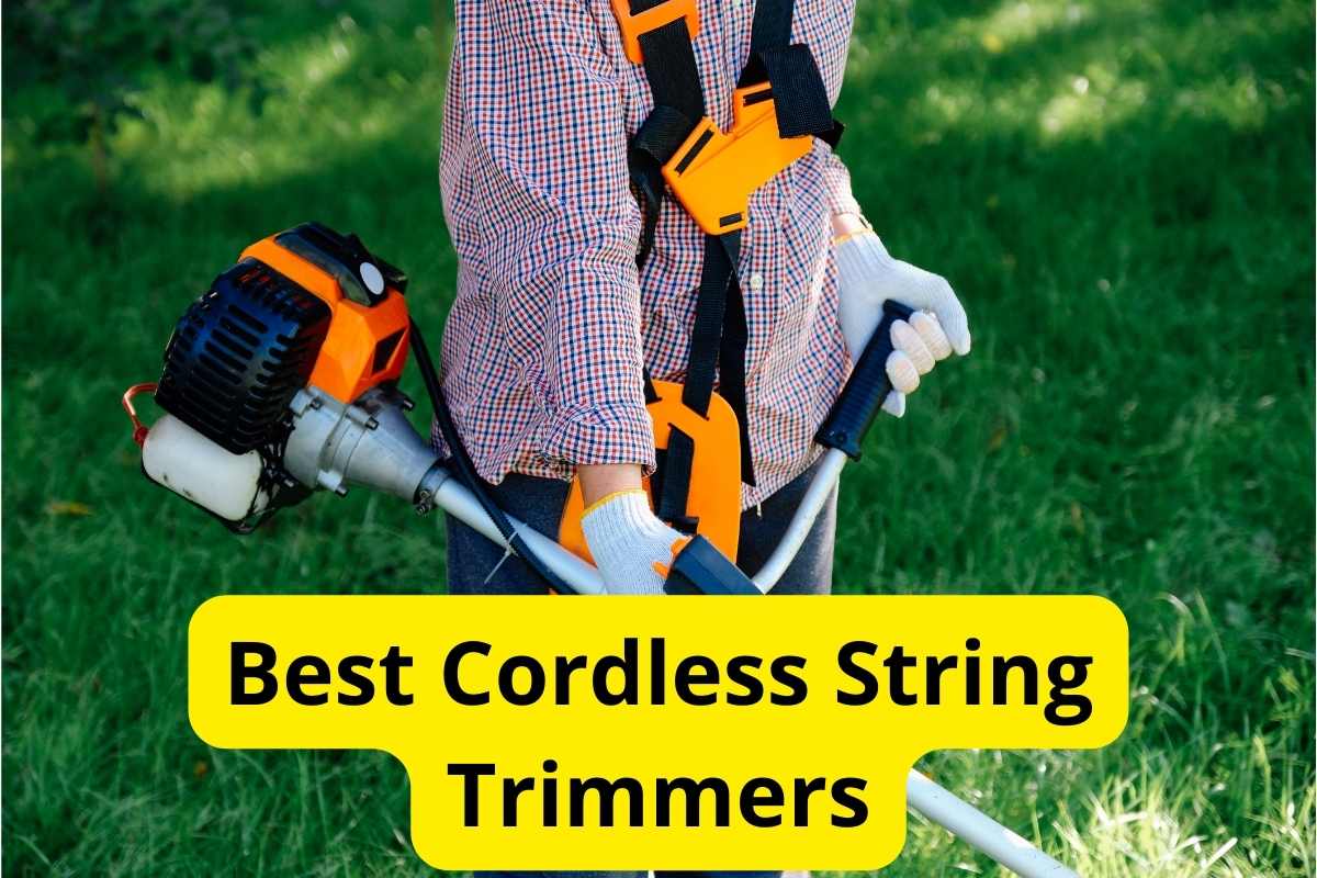 person holding gasoline string trimmer with text overlay on it
